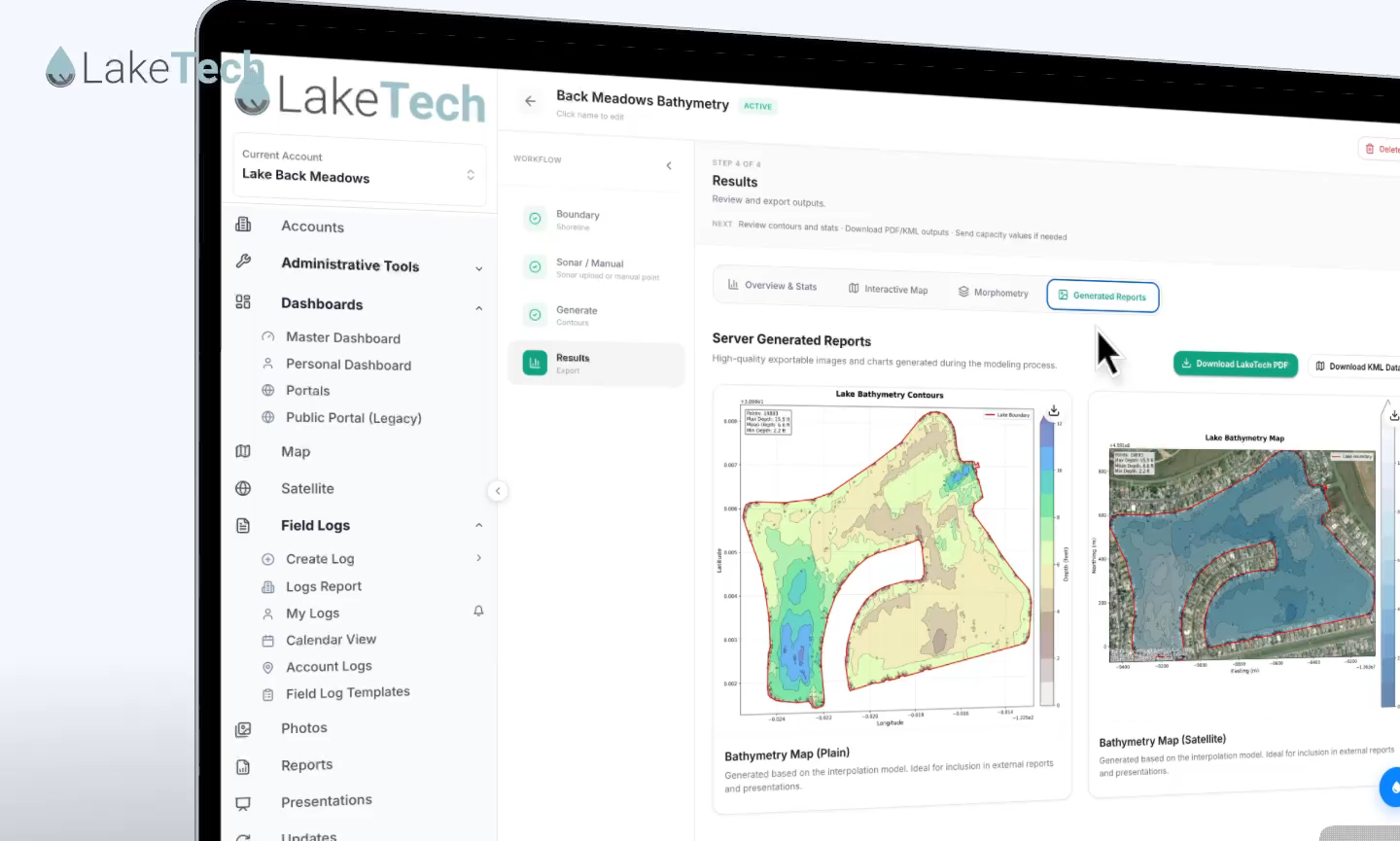 LakeTech Mapping results screen showing a plan-view contour map and a satellite depth map generated from sonar data