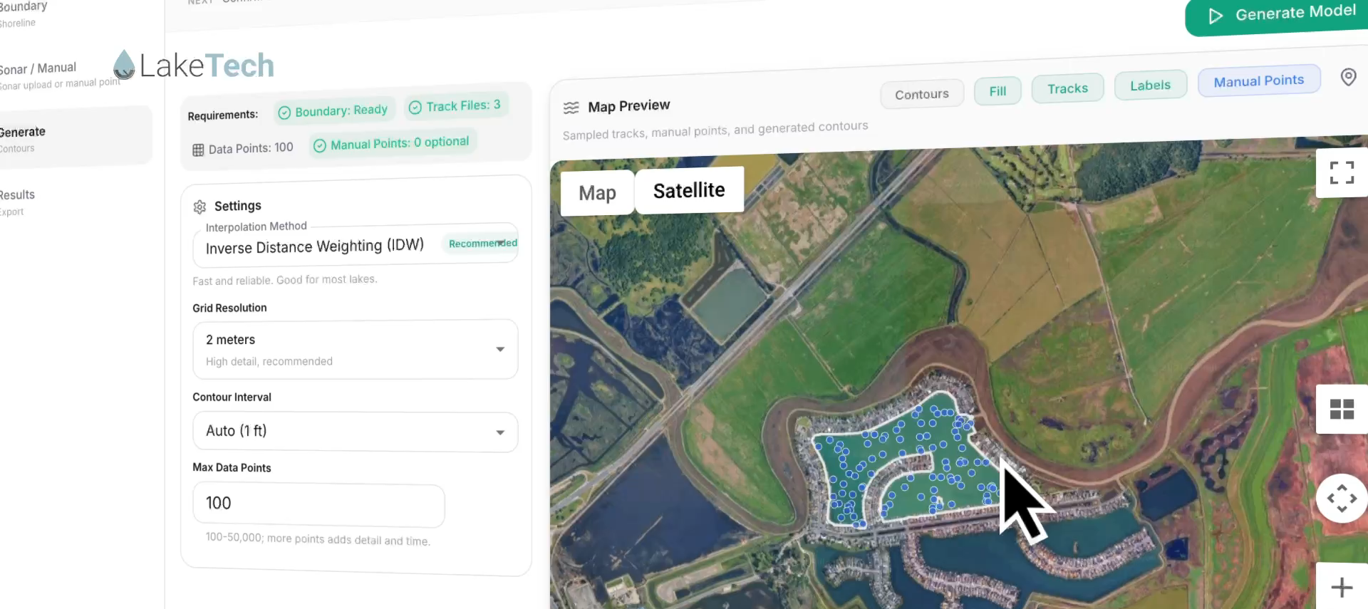 LakeTech Mapping showing uploaded sonar survey points over a satellite view of a lake