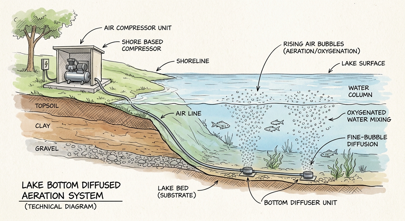 Cross-section illustration of a lake showing an aeration system with bubbles rising from diffusers