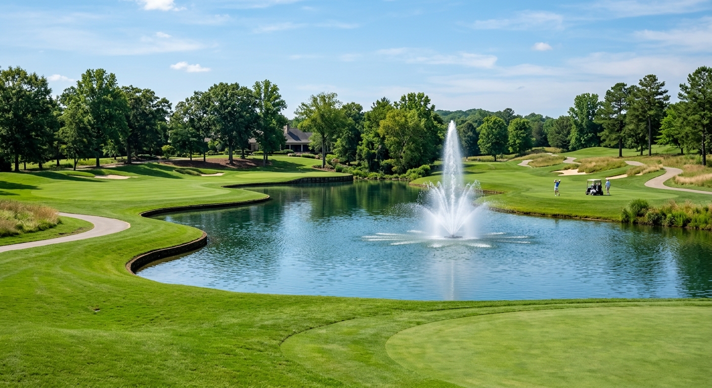 Golf course pond with a spray fountain running beside a fairway