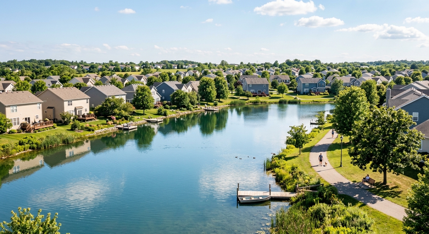 A residential community organized around a shared lake
