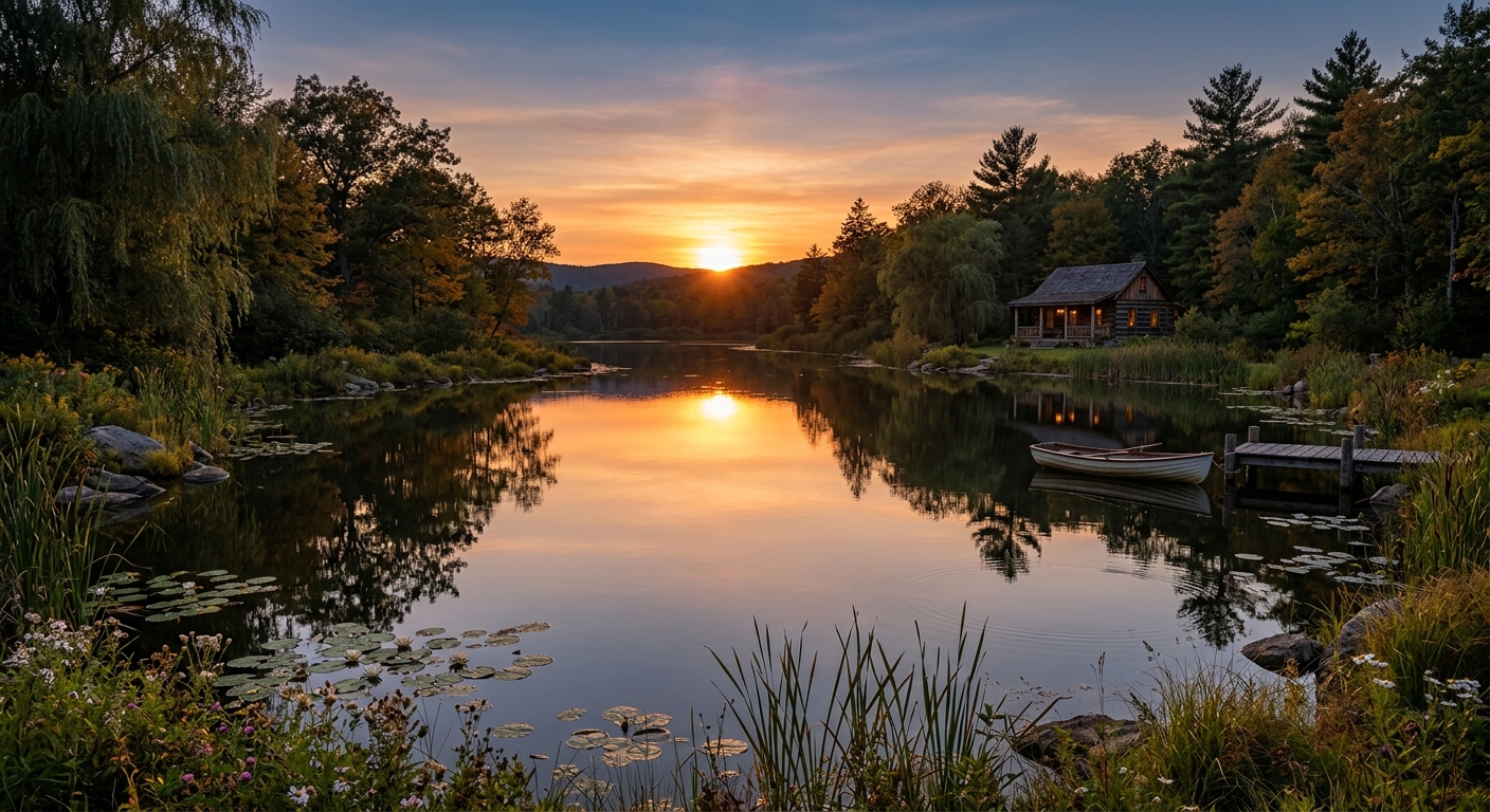 Peaceful pond at sunset