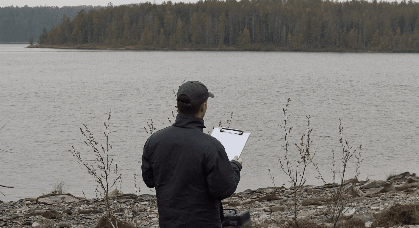 Lake management consultant reviewing field notes on a rocky lake shoreline