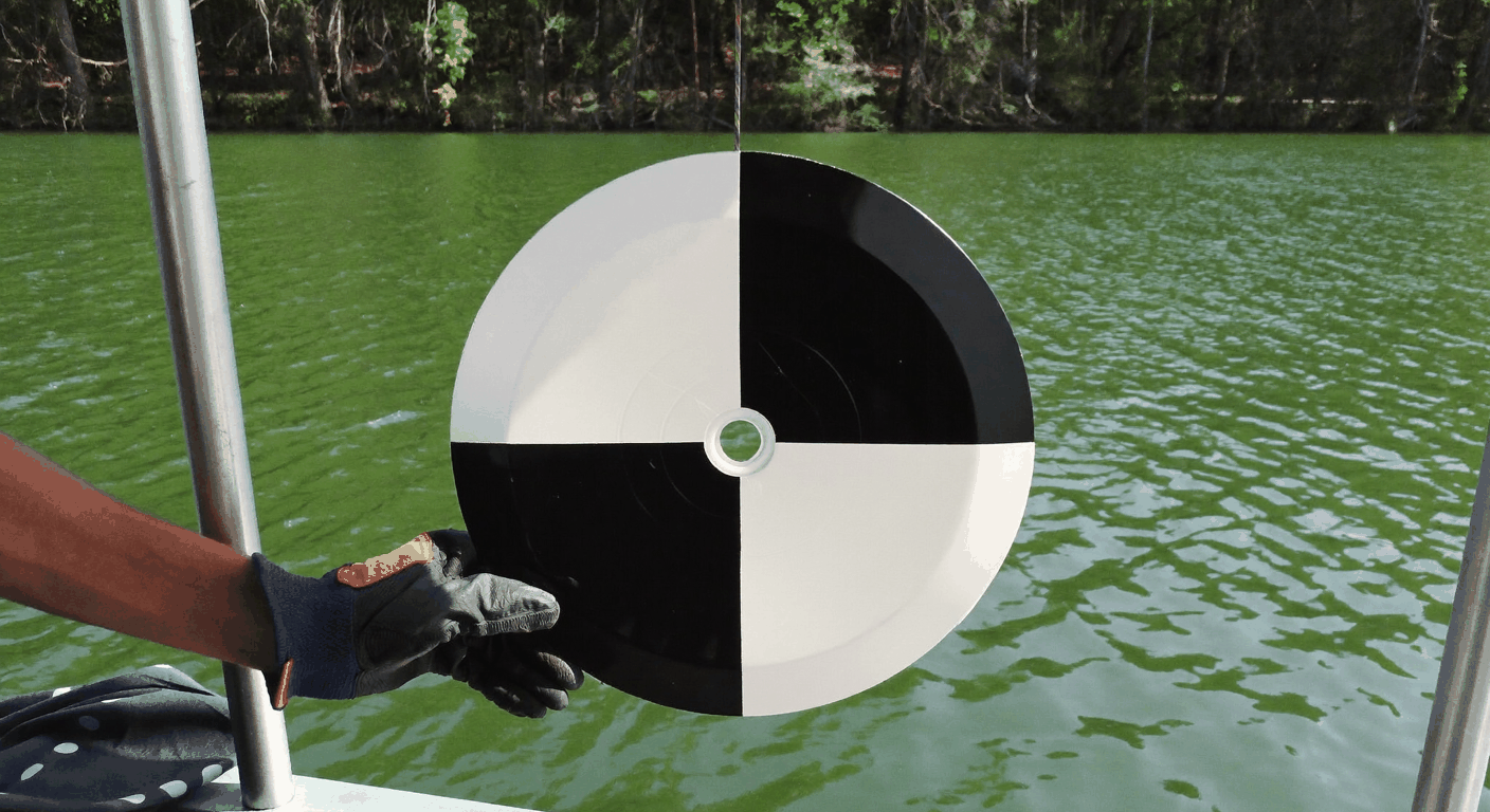 Gloved hand lowering a black and white Secchi disk into green lake water beside a boat