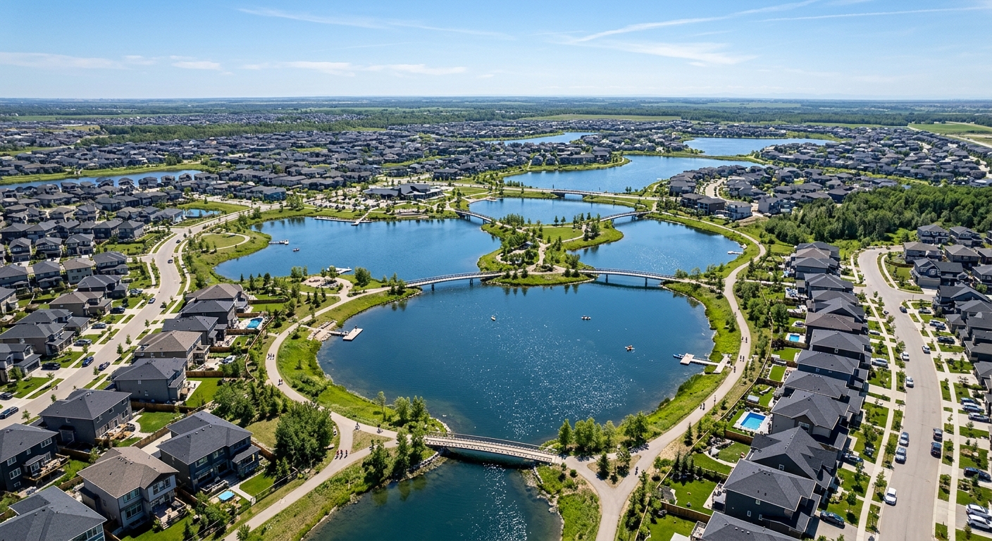Master-planned community featuring multiple interconnected lakes and ponds