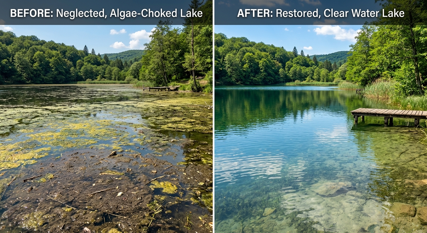 Split-screen illustration comparing an algae covered pond bottom with a clear pond after treatment