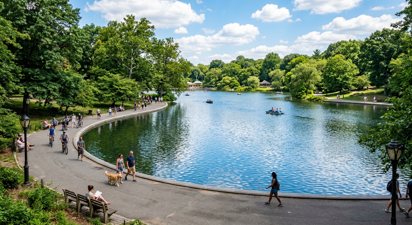 A public park surrounding a managed urban lake