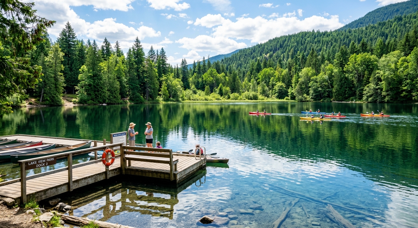 Public parks and recreation lake with a wooden dock and clear water