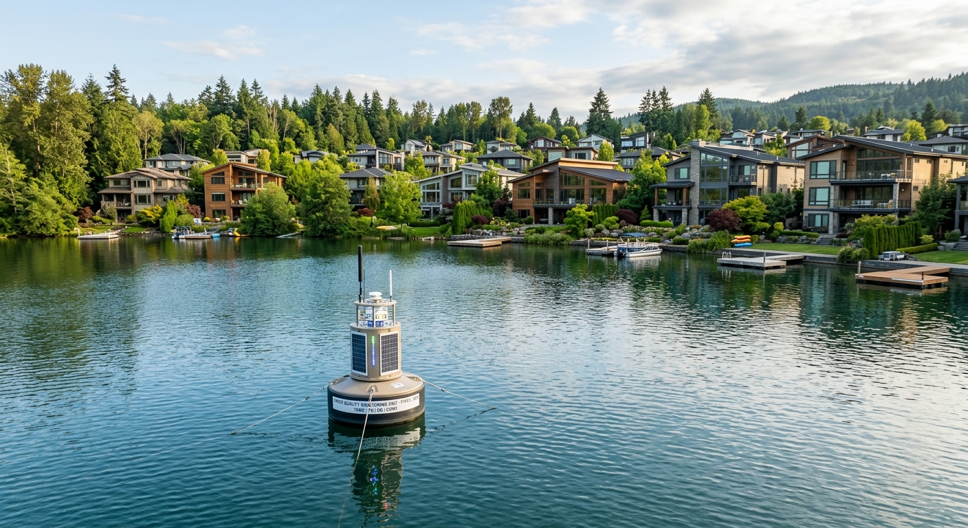 Private residential community lake featuring a water quality monitoring buoy