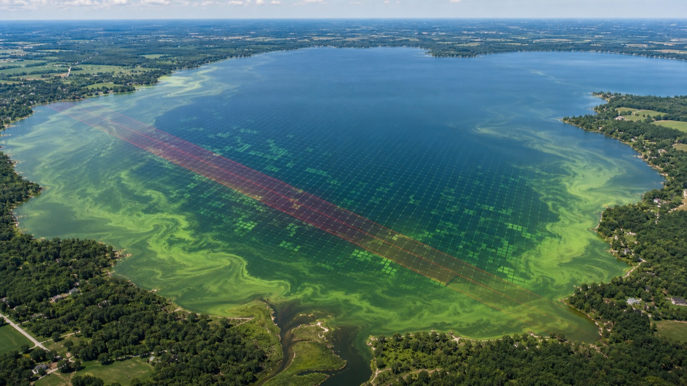 Satellite-style lake image showing algae patterns and chlorophyll-a sampling pixels