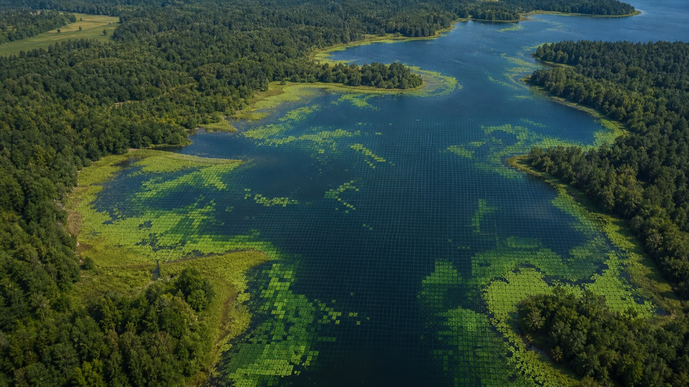 Satellite-style lake image showing floating vegetation coverage along coves and shorelines