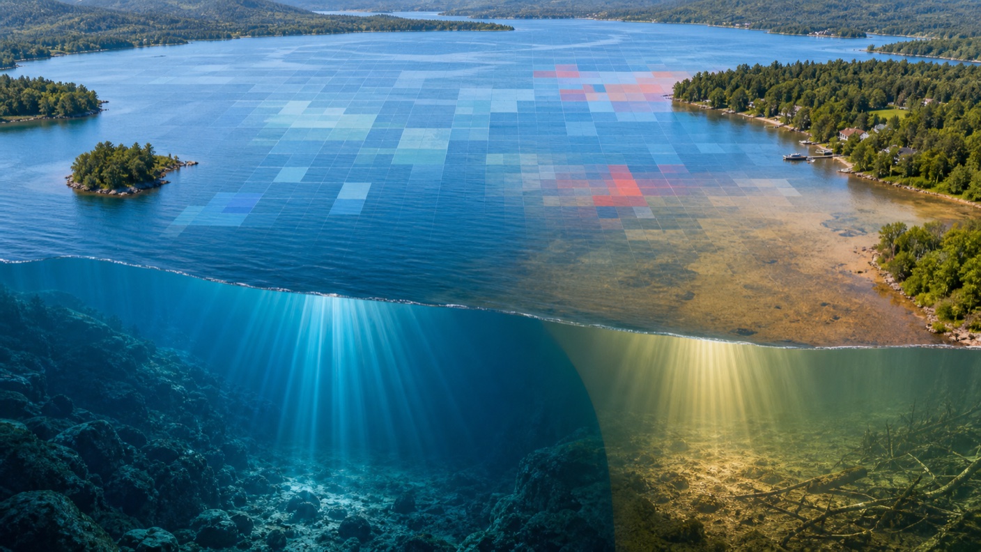 Satellite-style lake image with a water-column cutaway showing photic zone light penetration
