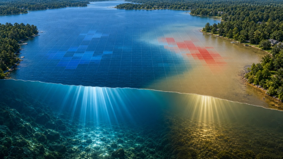 Satellite-style lake view with a water-column cutaway showing photic zone light penetration