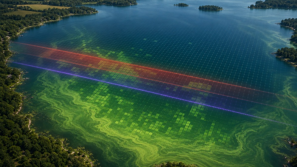 Satellite view of algae patterns with red and red-edge spectral scan bands over lake pixels