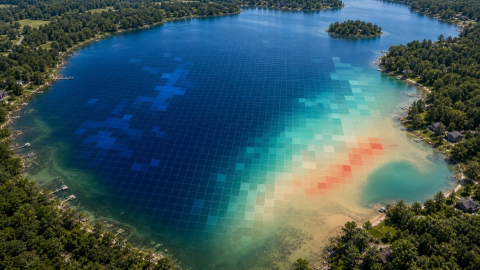 Satellite view of lake clarity gradients with blue and red reflectance sampling pixels