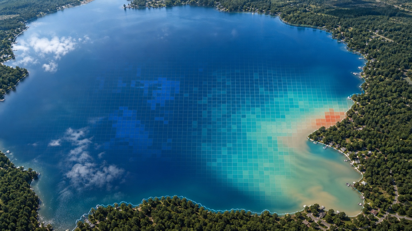 Satellite-style lake image showing water clarity gradients used for Secchi depth estimation