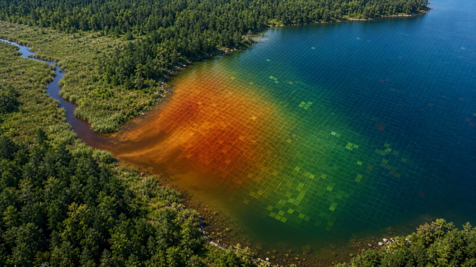 Satellite view of a tea-colored dissolved organic matter plume entering a lake from a wetland