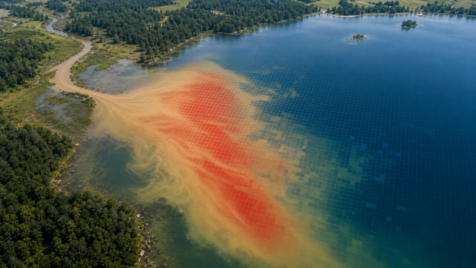 Satellite view of suspended sediment plumes with red-band turbidity sampling pixels