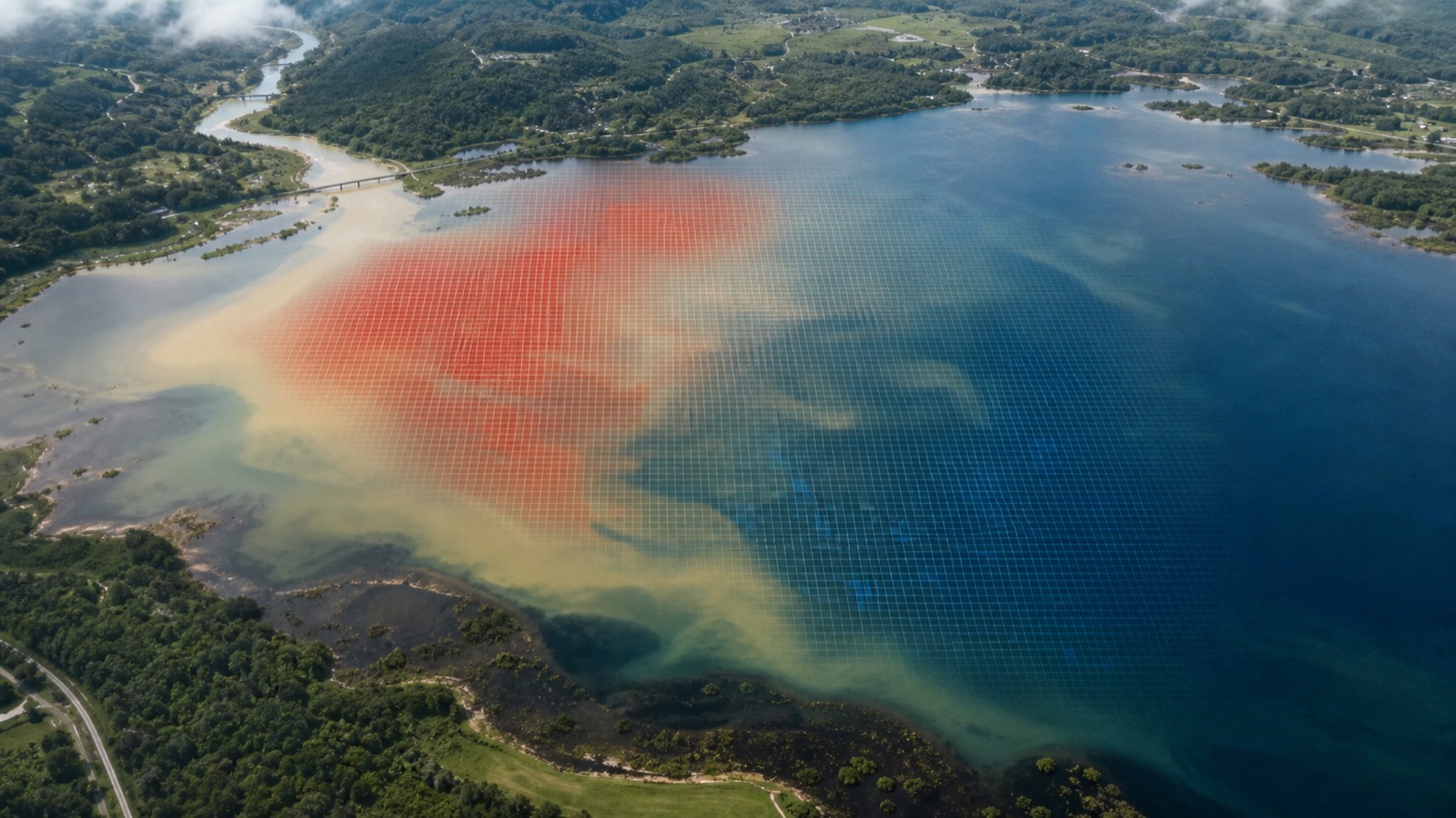 Satellite-style lake image showing sediment plumes and turbidity sampling pixels after rainfall