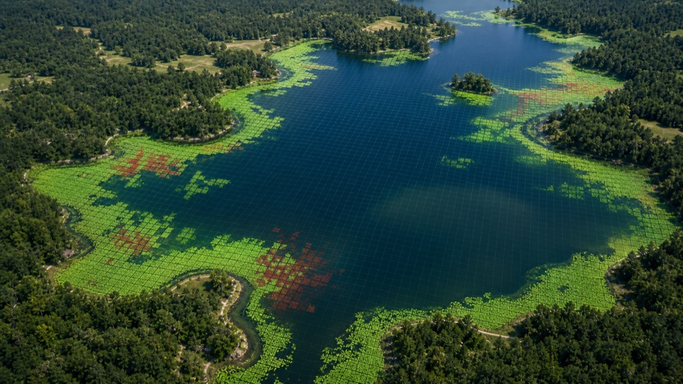 Satellite view of floating vegetation mats contrasted with open water and sampling pixels