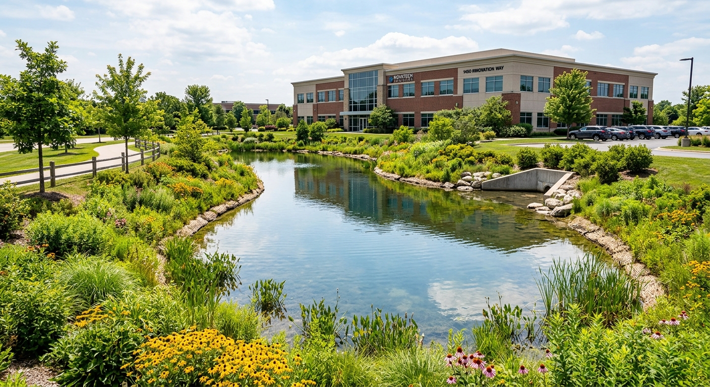 Commercial stormwater retention pond with healthy vegetation and clear water