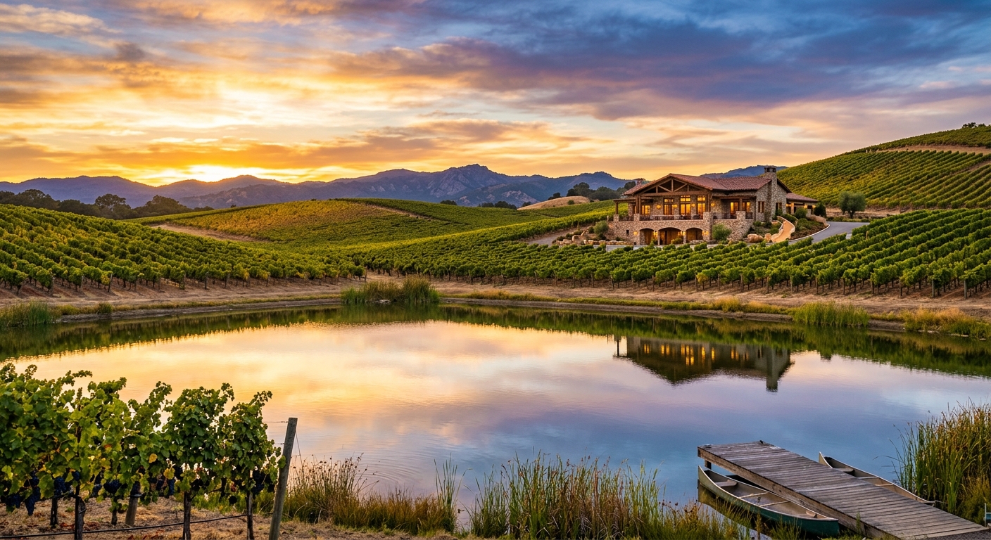 Scenic vineyard estate with a pristine irrigation lake
