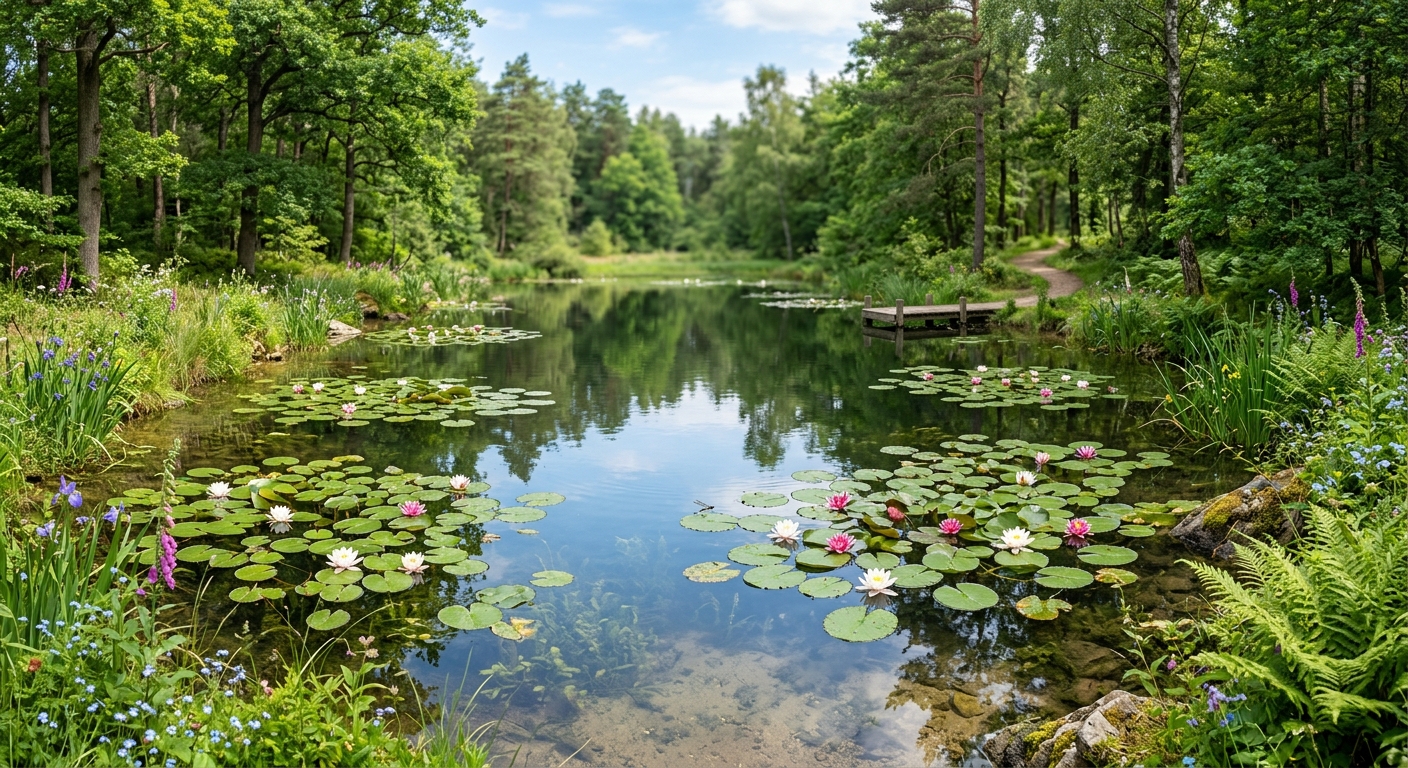 Natural pond with water lilies in bloom and a densely vegetated forest shoreline