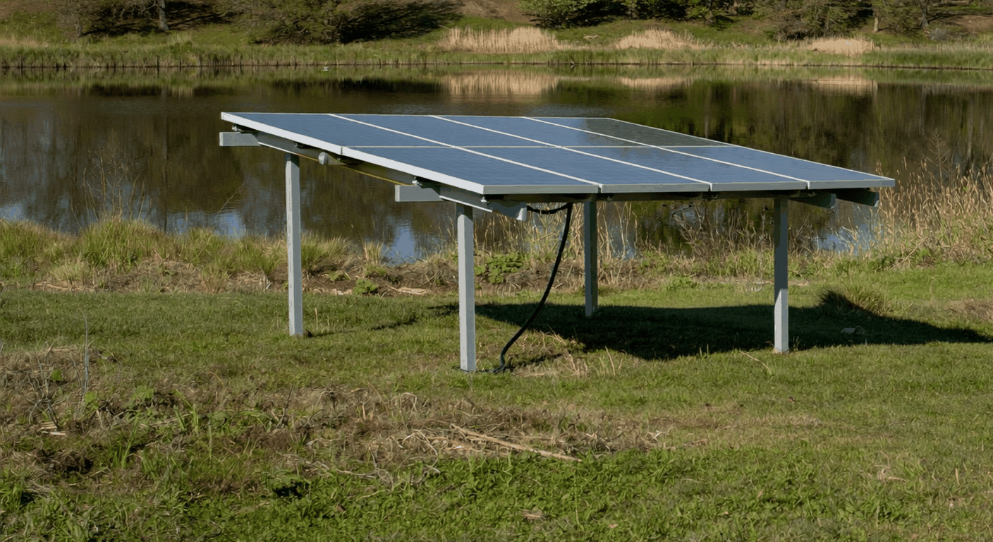 Solar panel array powering a lake aeration system beside a pond