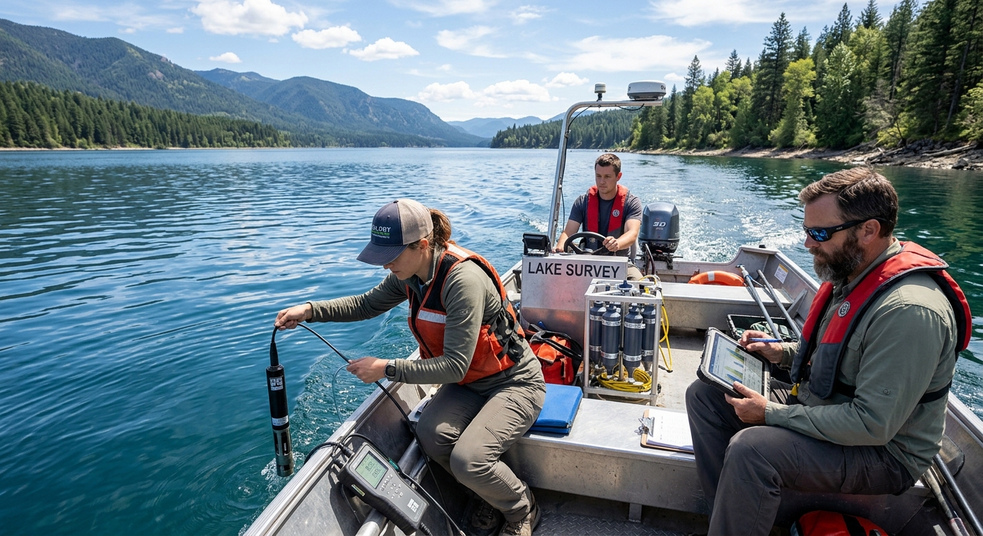 Professional team on a small boat managing a lake
